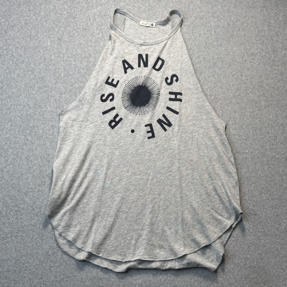 Sundry Tank Top Halter Rise & Shine Womens Small Graphic Heather Grey‎ Cotton